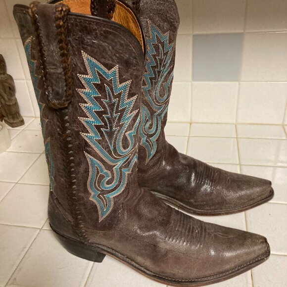 Lucchese Handmade Cowboy Boots Size 10.5 D Snip Toe Blue Embroidery main image 6